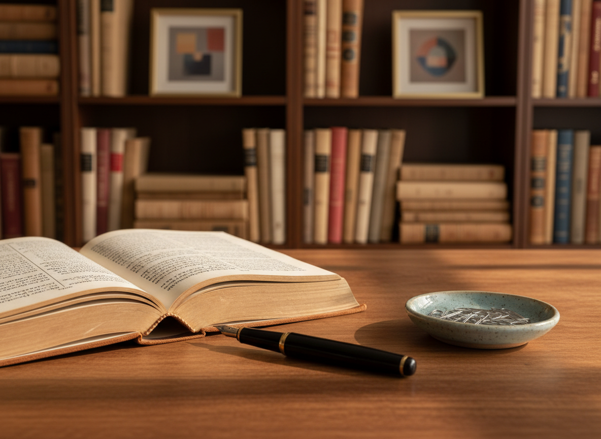 A neatly arranged wooden writing desk in a quiet study, holding an open hardcover book in Hebrew with gently yellowed pages, a fountain pen resting diagonally across the margin, and a small ceramic dish of paperclips. Behind the desk, a tall bookcase filled with worn, colorful spines and a few framed abstract artworks adds depth. Soft afternoon light pours through an unseen window to the right, casting elongated, calm shadows and warm highlights on the desk’s natural grain. Photographic realism at eye level, with a shallow depth of field that keeps the book and pen in crisp focus while the background becomes a sophisticated, gentle bokeh, evoking contemplation, creativity, and love of learning.